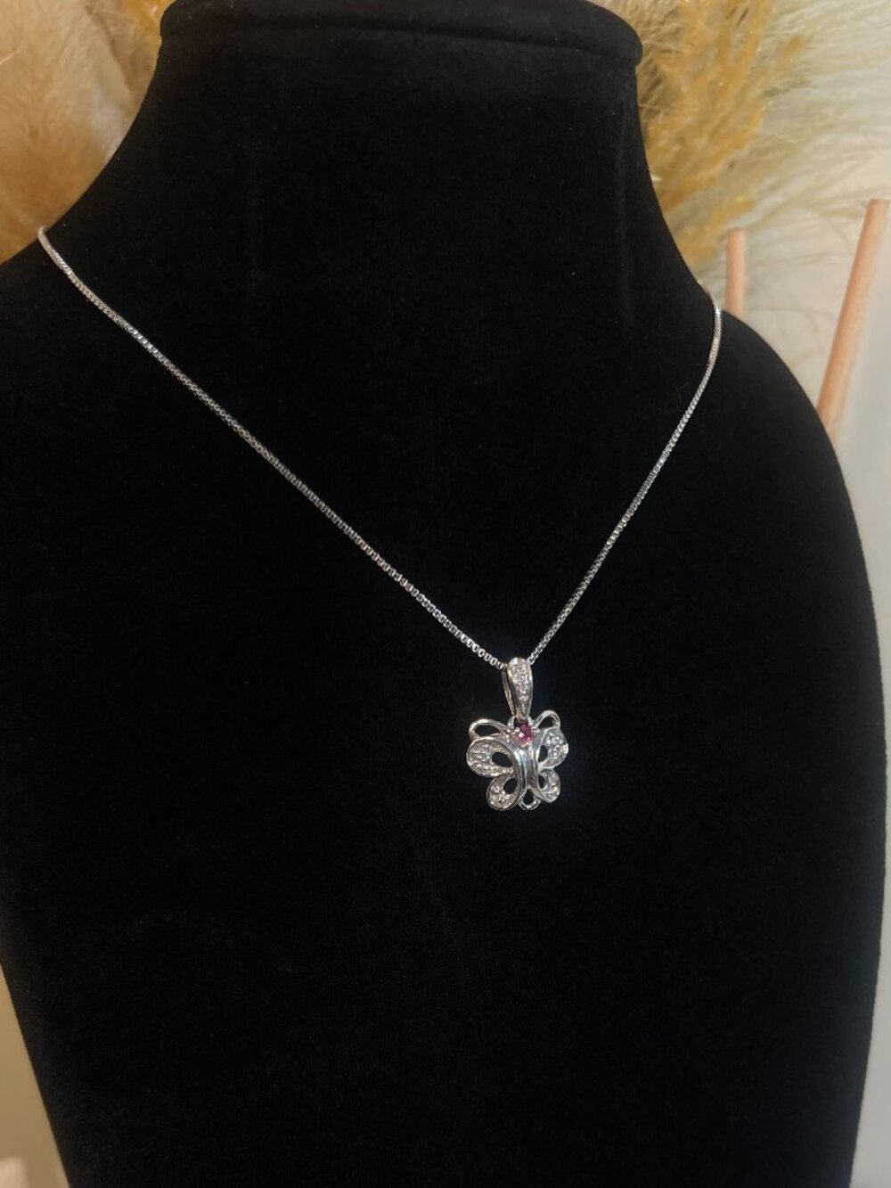 925 Sterling Silver Genuine Ruby Butterfly Pendant Necklace White Zircon